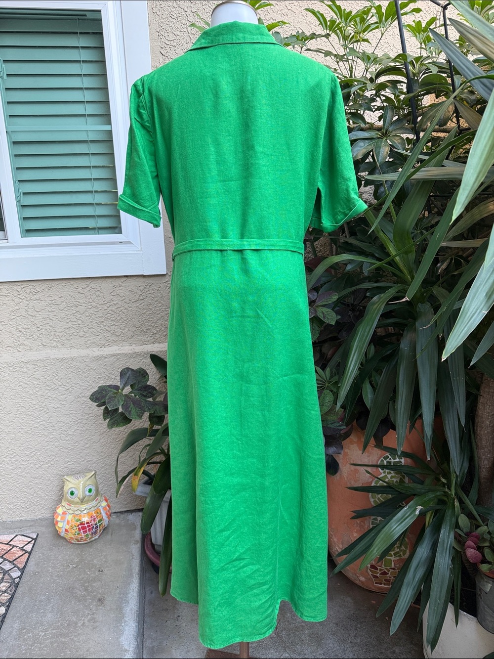 Mango Bright Emerald Green Belted Maxi Linen Dress with Notched Collar and Belt - Picture 9 of 12